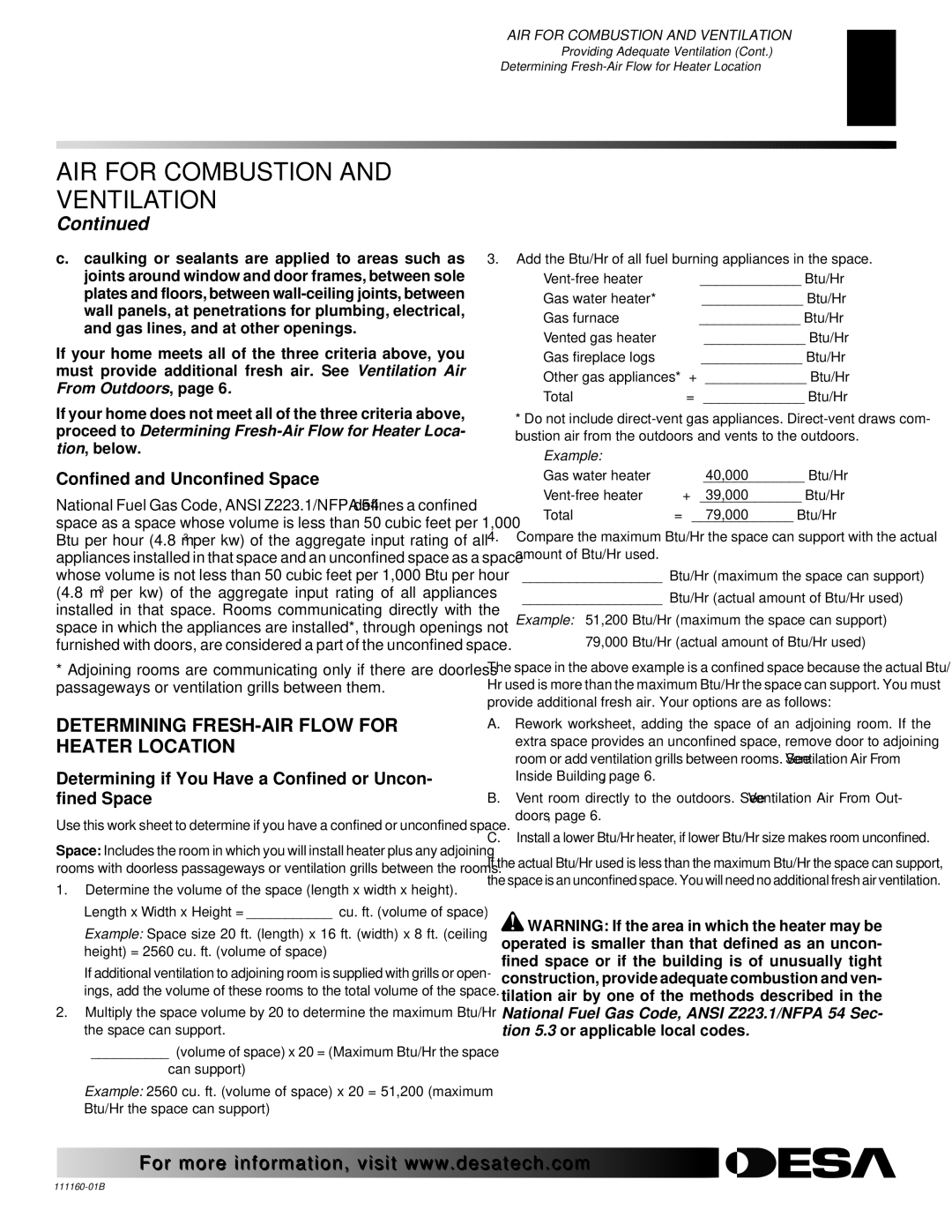 Desa CCL3924NTA, CCL3018PTA, CCL3930NTB Determining FRESH-AIR Flow for Heater Location, Confined and Unconfined Space 