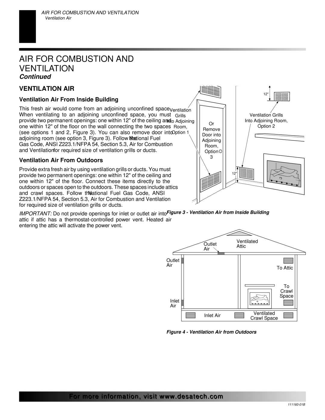 Desa CCL3924PA, CCL3018PTA, CCL3930NTB Ventilation AIR, Ventilation Air From Inside Building, Ventilation Air From Outdoors 