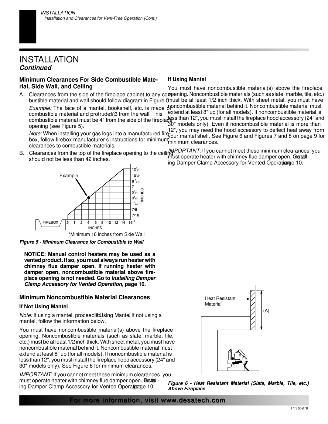 Desa CCL3018NTA, CCL3018PTA, CCL3930NTB, CCL3930PTB, CCL3924NA Minimum Noncombustible Material Clearances, If Using Mantel 