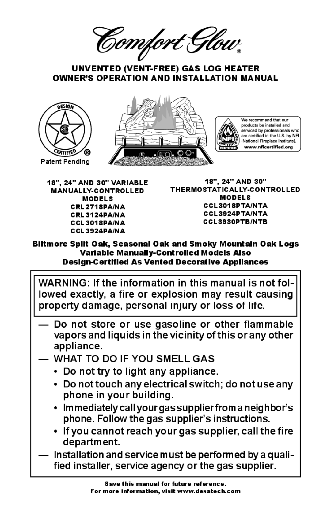 Desa 24", 30 installation manual What to do if YOU Smell GAS, Patent Pending 