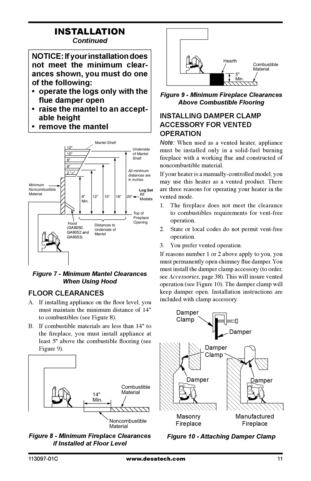 Desa CCL3018PTA/NTA, CCL3924PTA/NTA, CCL3930PTB/NTB, 24, 30 Installing Damper Clamp Accessory for Vented Operation 