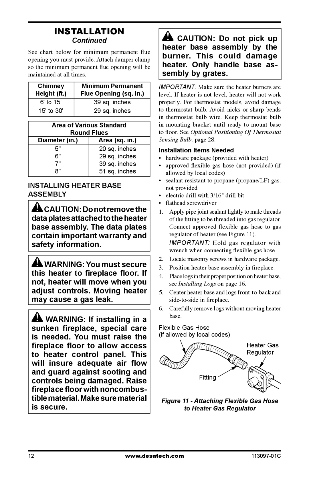 Desa 24, 30 Installing Heater Base Assembly, Chimney Minimum Permanent, Area of Various Standard Round Flues, Area sq 