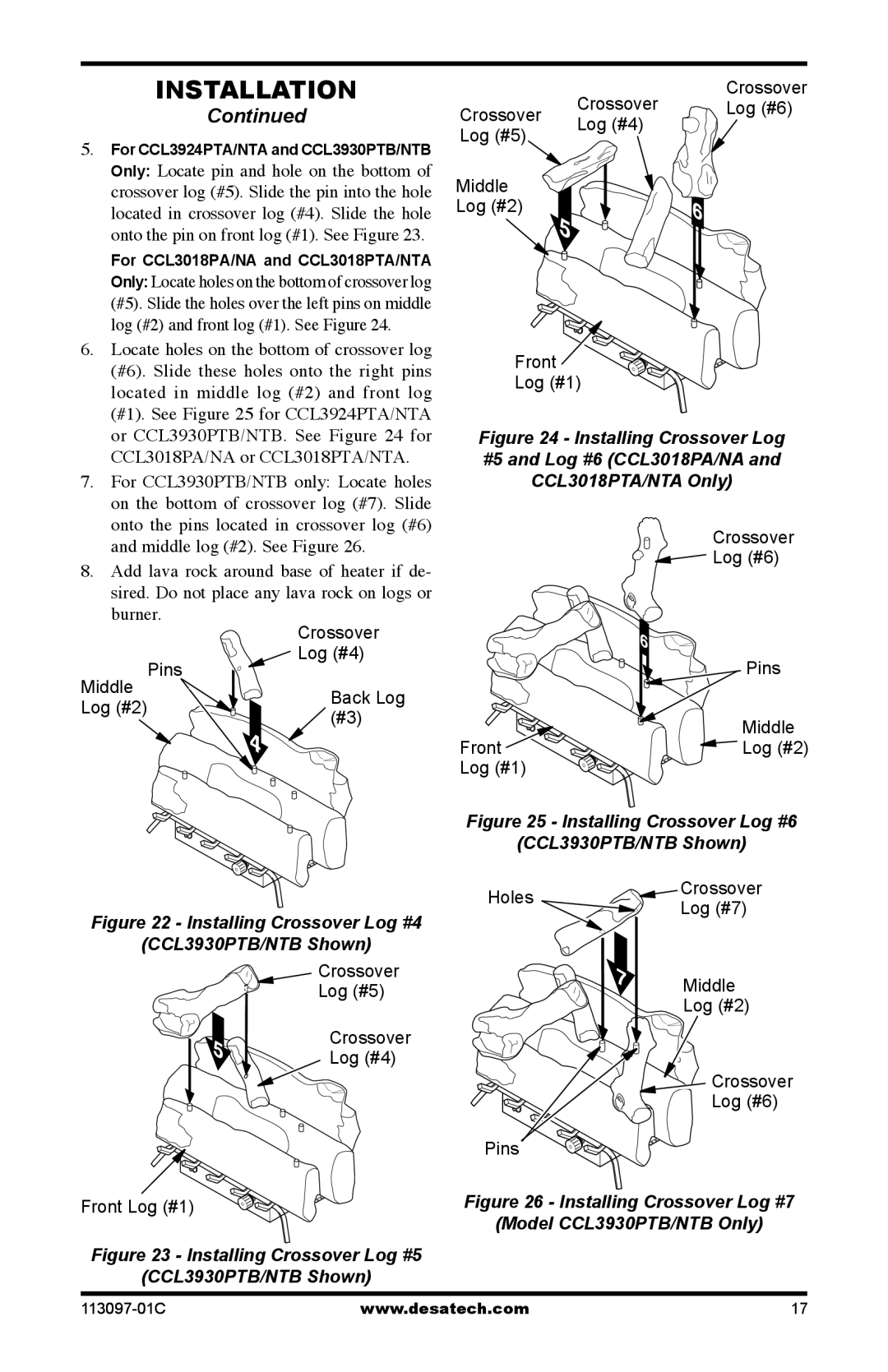 Desa CCL3018PTA/NTA, CCL3924PTA/NTA, CCL3930PTB/NTB, 24", 30 Installing Crossover Log #4 CCL3930PTB/NTB Shown 