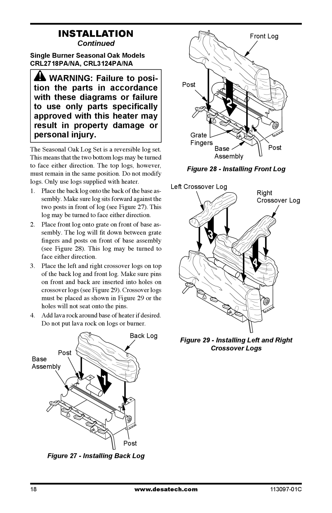 Desa 24", 30, CCL3018PTA/NTA, CCL3924PTA/NTA, CCL3930PTB/NTB installation manual Installing Front Log 