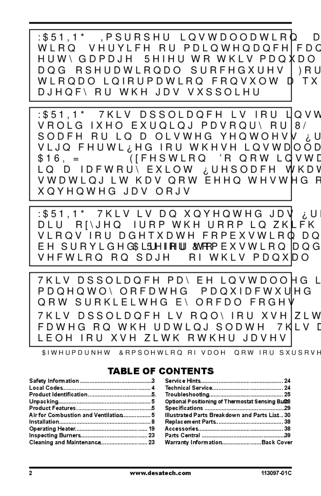 Desa CCL3018PTA/NTA, CCL3924PTA/NTA, CCL3930PTB/NTB, 24", 30 installation manual Table of Contents 