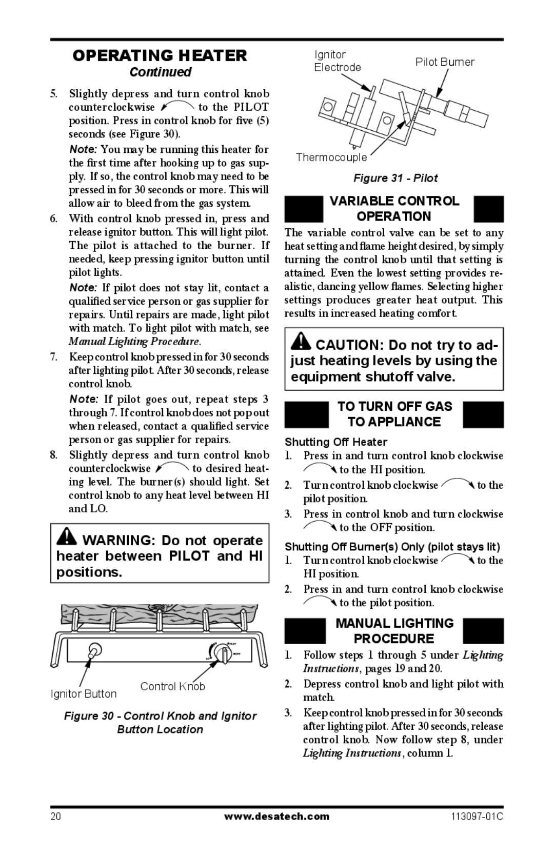 Desa CCL3018PTA/NTA, CCL3924PTA/NTA, CCL3930PTB/NTB, 24", 30 Variable Control Operation, To Turn OFF GAS To Appliance 