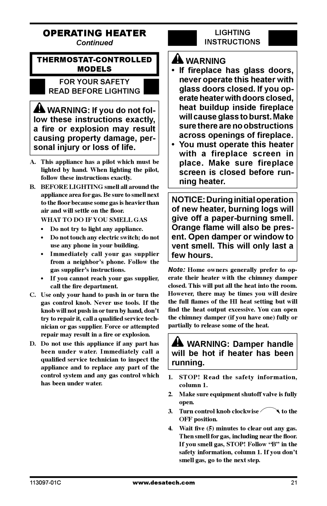 Desa 24", 30, CCL3018PTA/NTA, CCL3924PTA/NTA, CCL3930PTB/NTB installation manual Operating Heater 