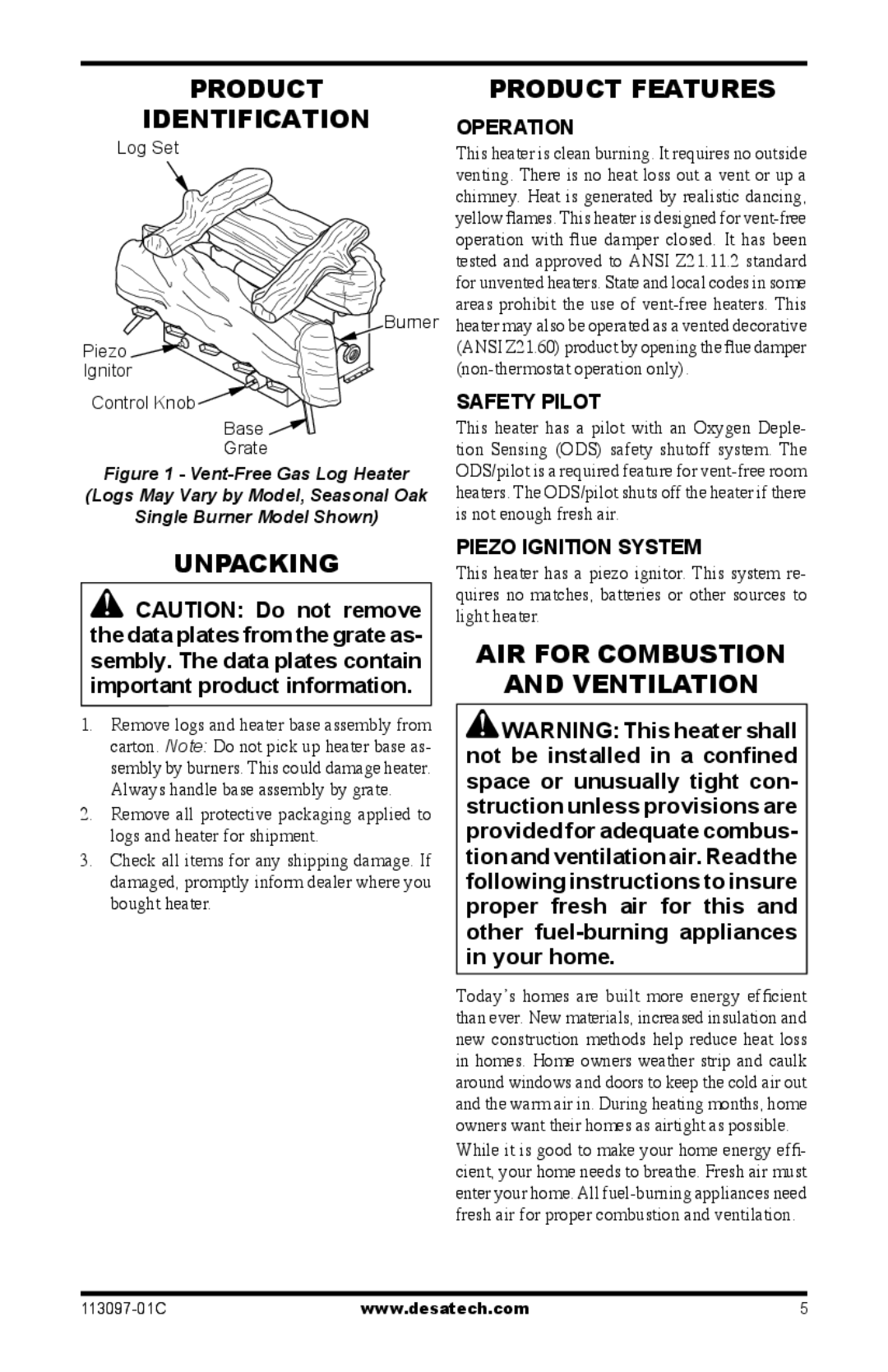 Desa CCL3018PTA/NTA, CCL3924PTA/NTA, CCL3930PTB/NTB, 24", 30 Product Identification, Unpacking, Product Features 