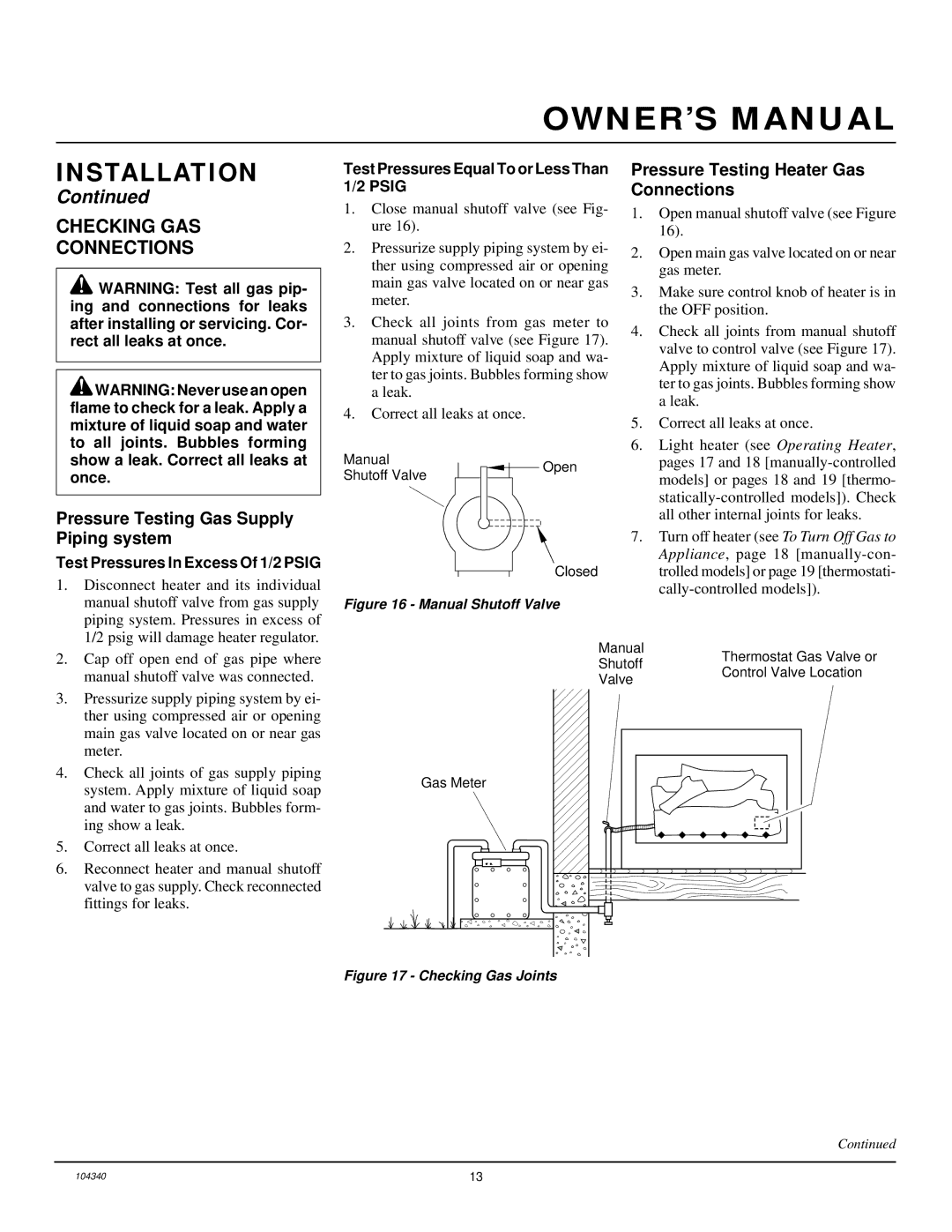 Desa CGD3930NT Checking GAS Connections, Pressure Testing Gas Supply Piping system, Test Pressures In Excess Of 1/2 Psig 