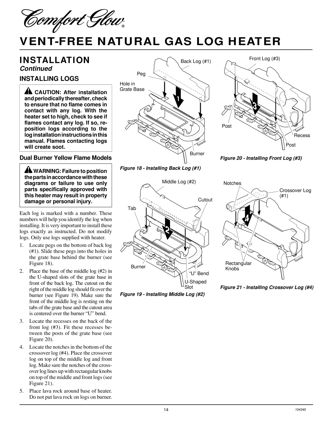 Desa CY3124N, CCL3924NT, CGD3930NT, CY2718N installation manual Installing Logs, Dual Burner Yellow Flame Models 