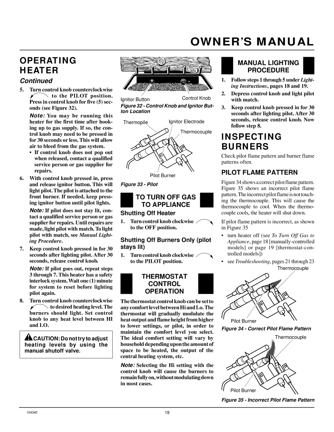 Desa CY2718N, CCL3924NT, CGD3930NT, CY3124N Inspecting Burners, Thermostat Control Operation, Pilot Flame Pattern 