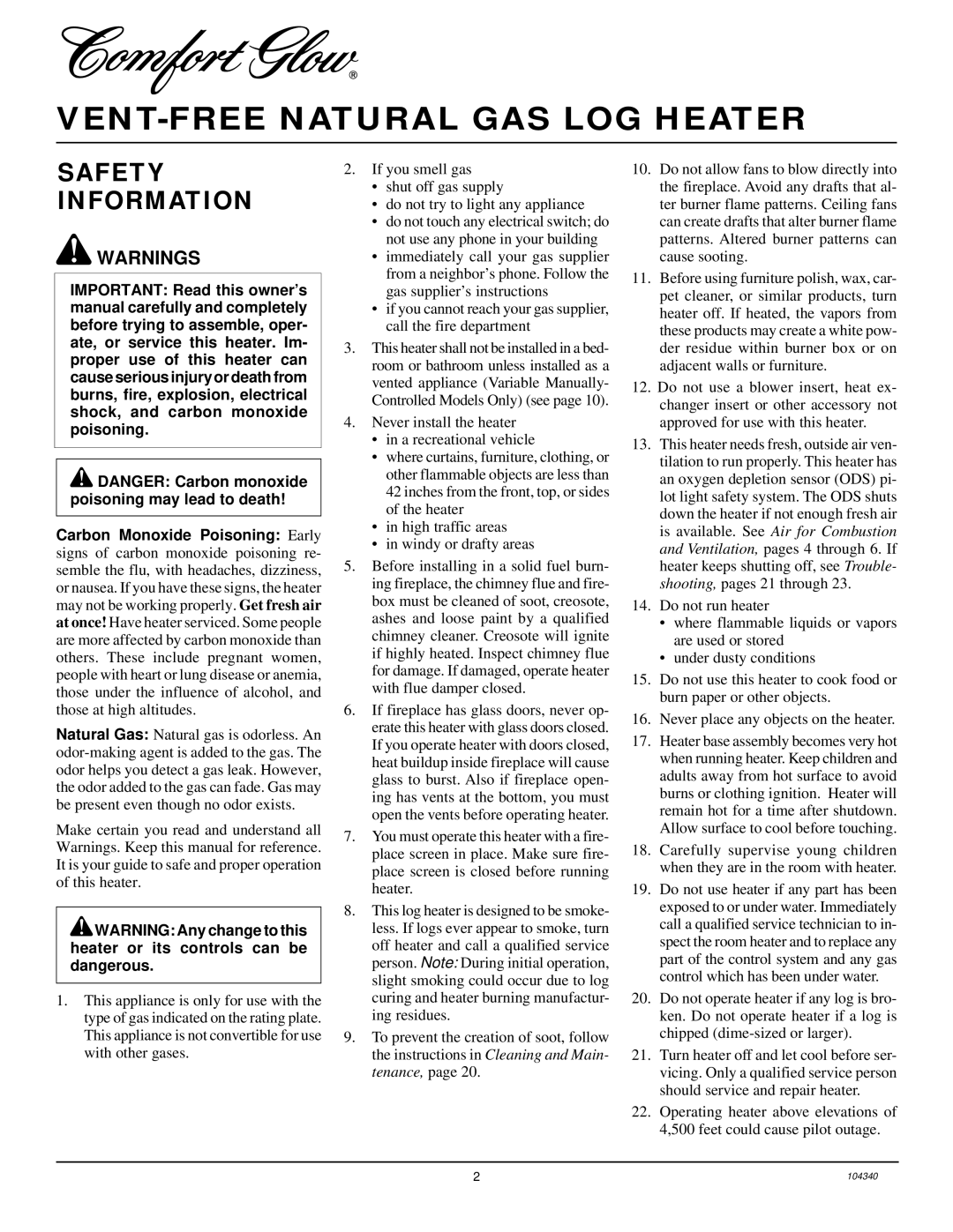 Desa CY3124N, CCL3924NT, CGD3930NT, CY2718N installation manual VENT-FREE Natural GAS LOG Heater, Safety Information 