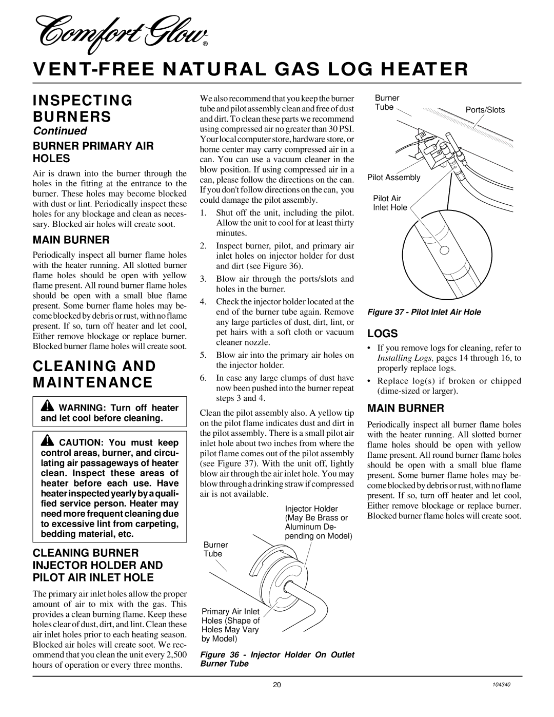 Desa CCL3924NT, CGD3930NT, CY3124N, CY2718N Cleaning and Maintenance, Burner Primary AIR Holes, Main Burner, Logs 