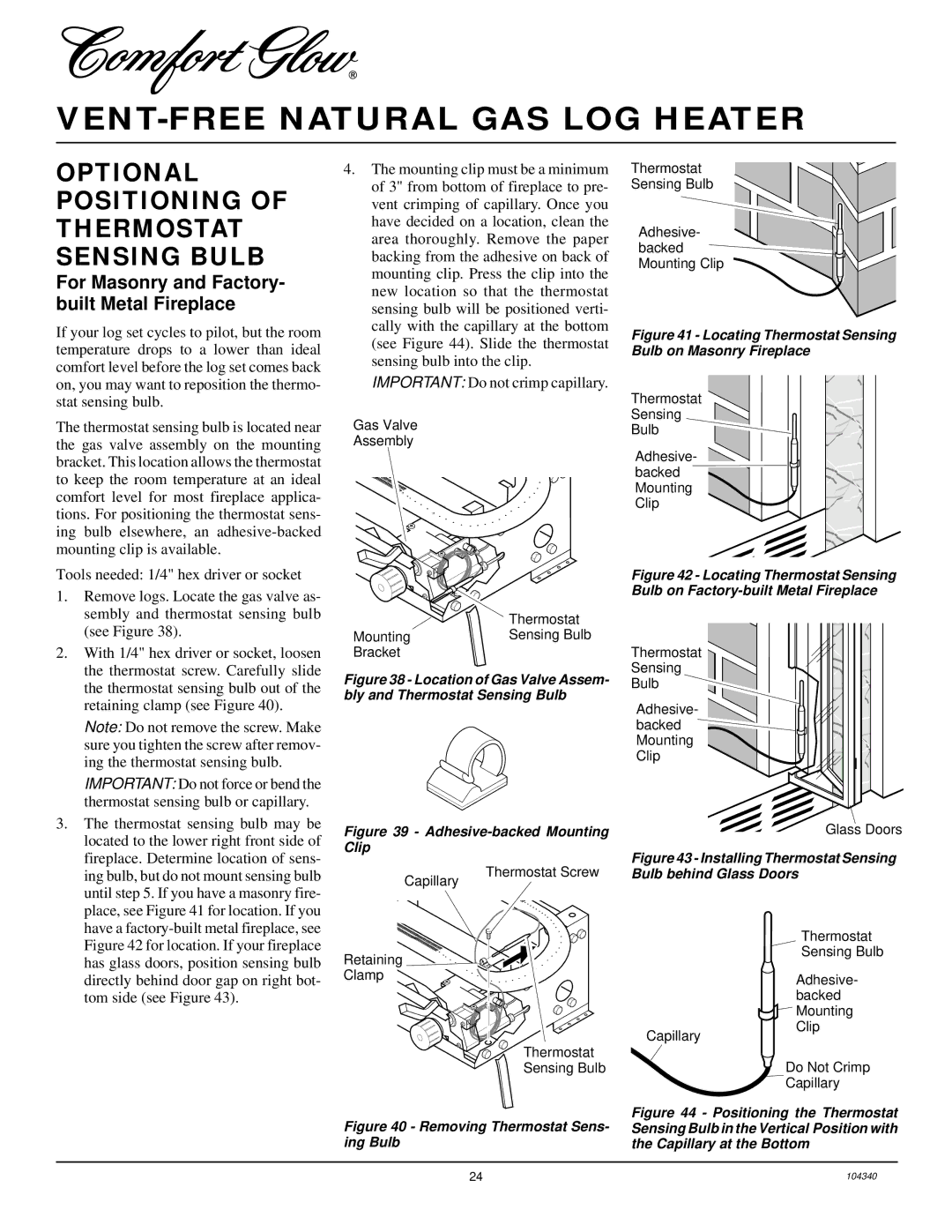 Desa CCL3924NT, CGD3930NT Optional Positioning of Thermostat Sensing Bulb, For Masonry and Factory- built Metal Fireplace 