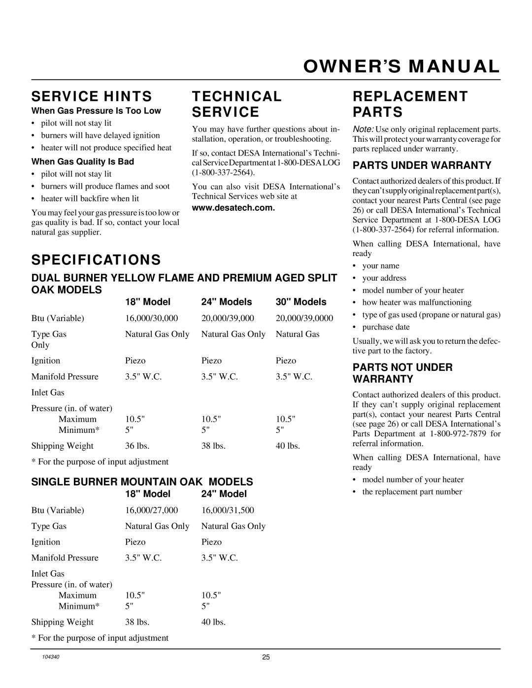 Desa CGD3930NT, CCL3924NT, CY3124N, CY2718N Service Hints, Technical Service, Replacement Parts, Specifications 