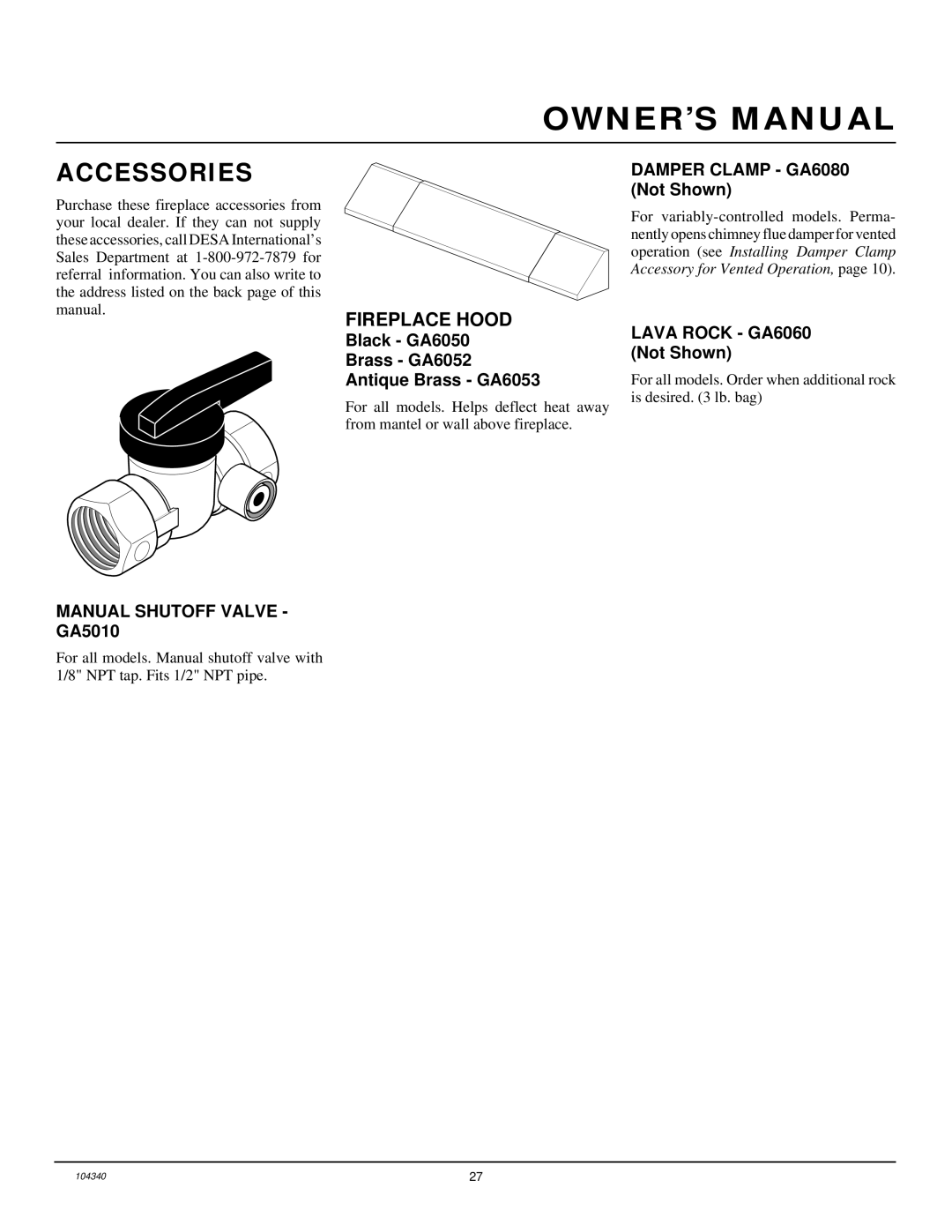 Desa CY2718N Accessories, Fireplace Hood, Black GA6050 Brass GA6052 Antique Brass GA6053, Damper Clamp GA6080 Not Shown 