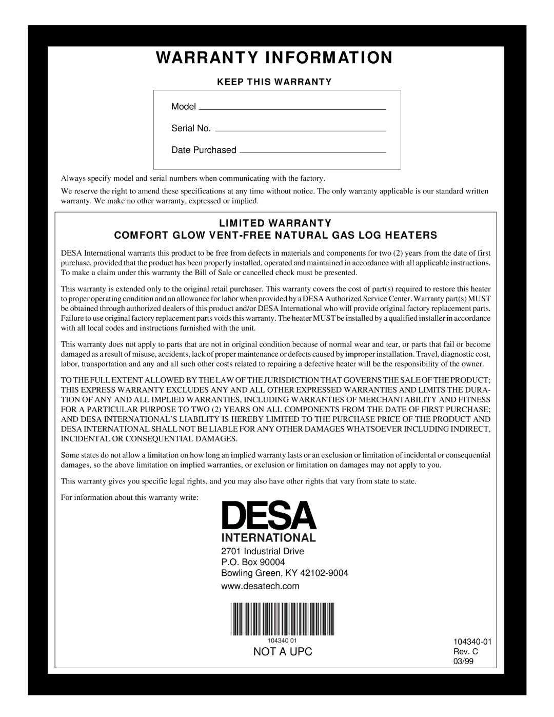 Desa CCL3924NT, CGD3930NT, CY3124N, CY2718N installation manual Warranty Information 