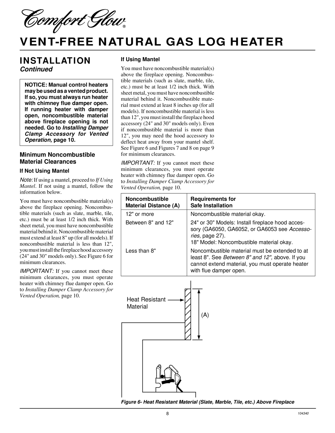 Desa CCL3924NT, CGD3930NT, CY3124N, CY2718N Minimum Noncombustible Material Clearances, If Not Using Mantel, If Using Mantel 