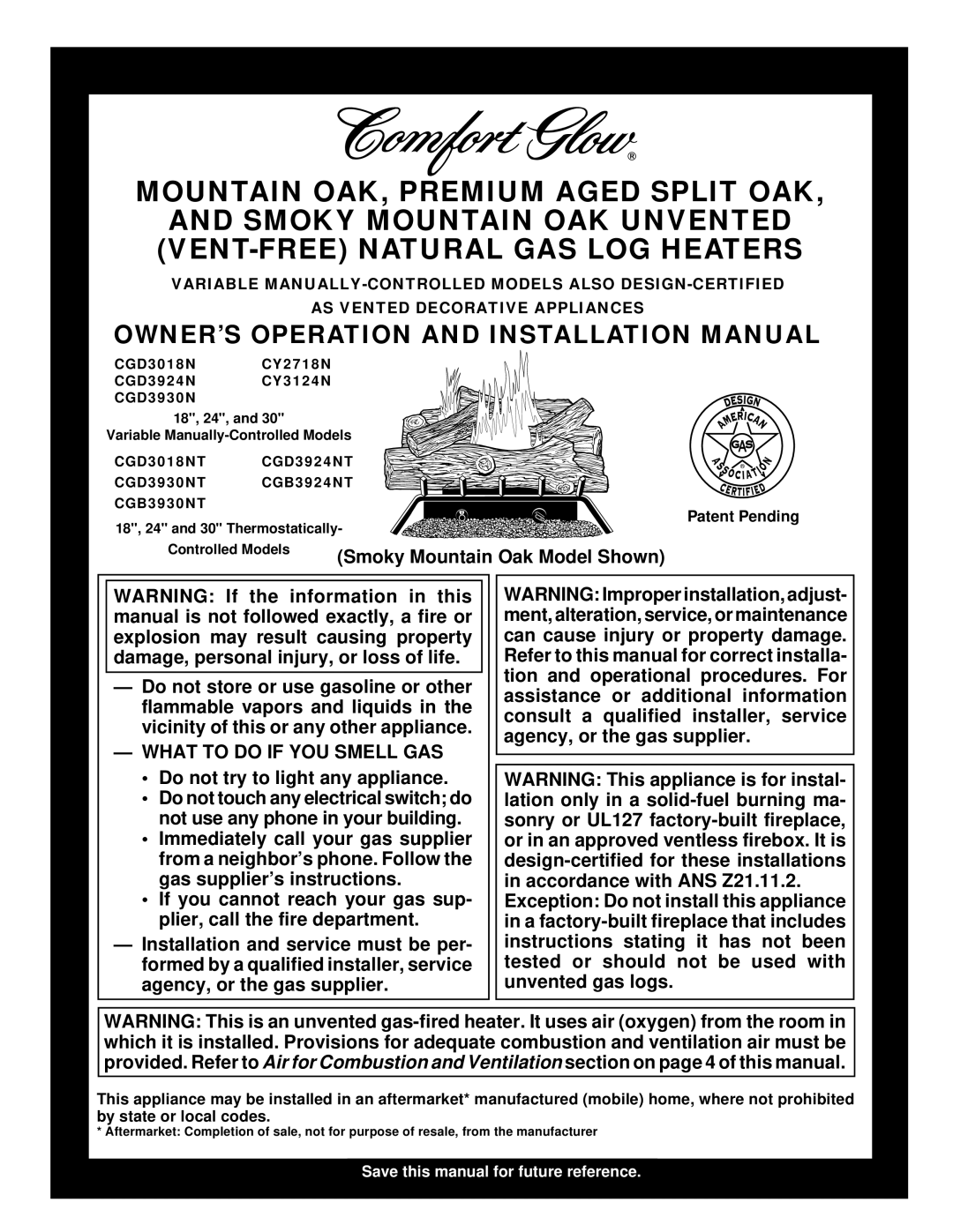 Desa CGD3930NT, CCL3924NT installation manual Owner’S Operation And Installation Manual, Smoky Mountain Oak Model Shown 