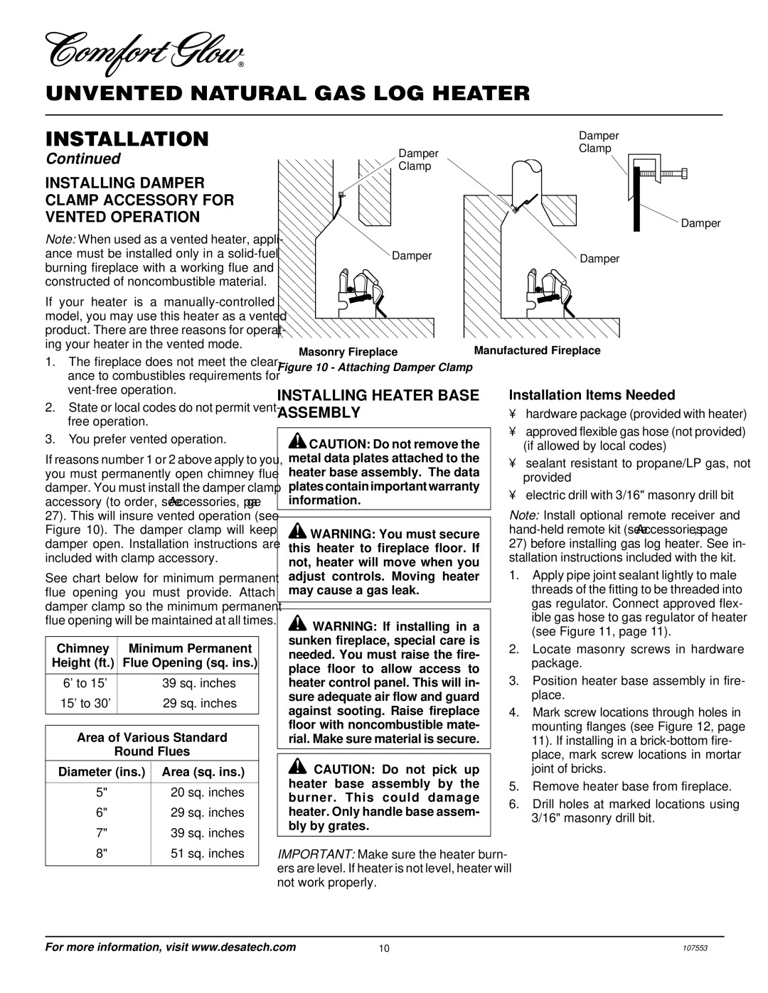 Desa CCL3930NR, CCL3924NR Installing Damper Clamp Accessory for Vented Operation, Installing Heater Base Assembly 