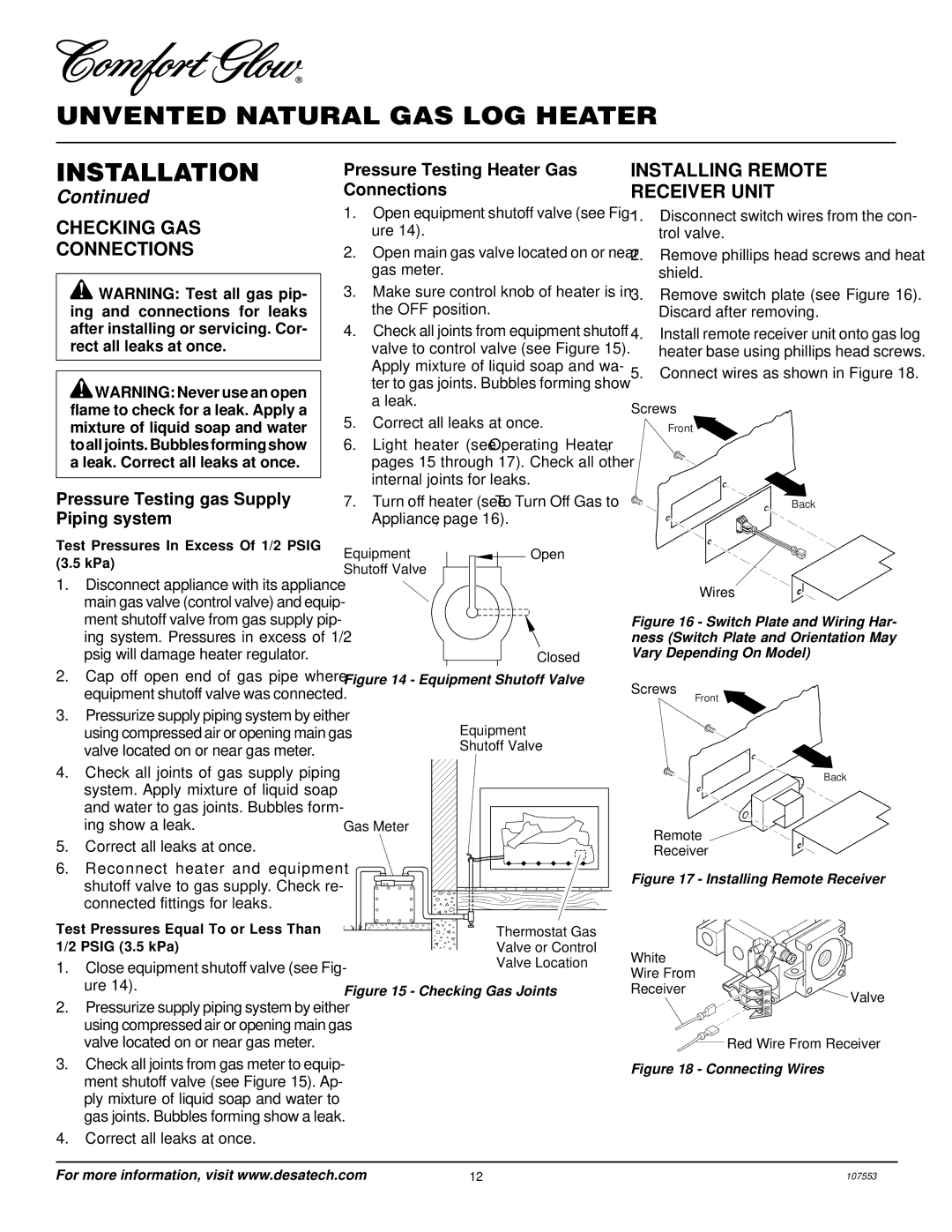 Desa CCL3930NR Checking GAS Connections, Installing Remote Receiver Unit, Pressure Testing gas Supply Piping system 