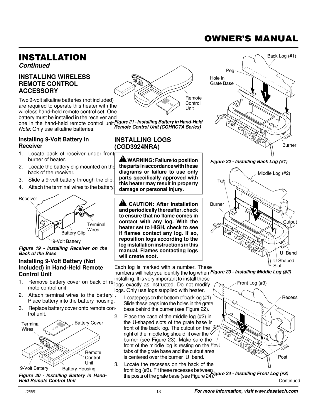 Desa CCL3924NR, CCL3930NR installation manual Installing Wireless Remote Control Accessory, Installing Logs CGD3924NRA 