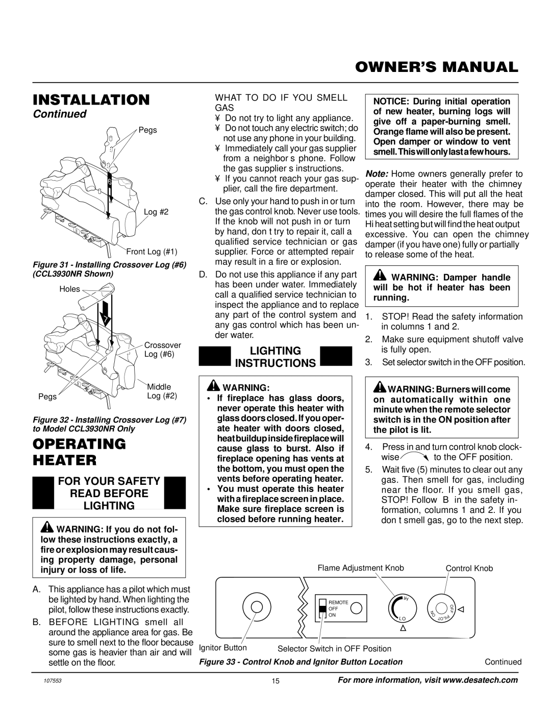 Desa CCL3924NR, CCL3930NR installation manual Operating Heater, For Your Safety Read Before Lighting, Lighting Instructions 