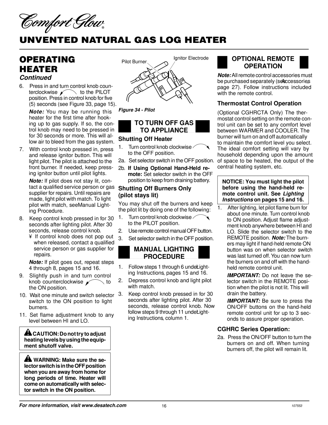 Desa CCL3930NR Unvented Natural GAS LOG Heater Operating, To Turn OFF GAS To Appliance, Manual Lighting Procedure 