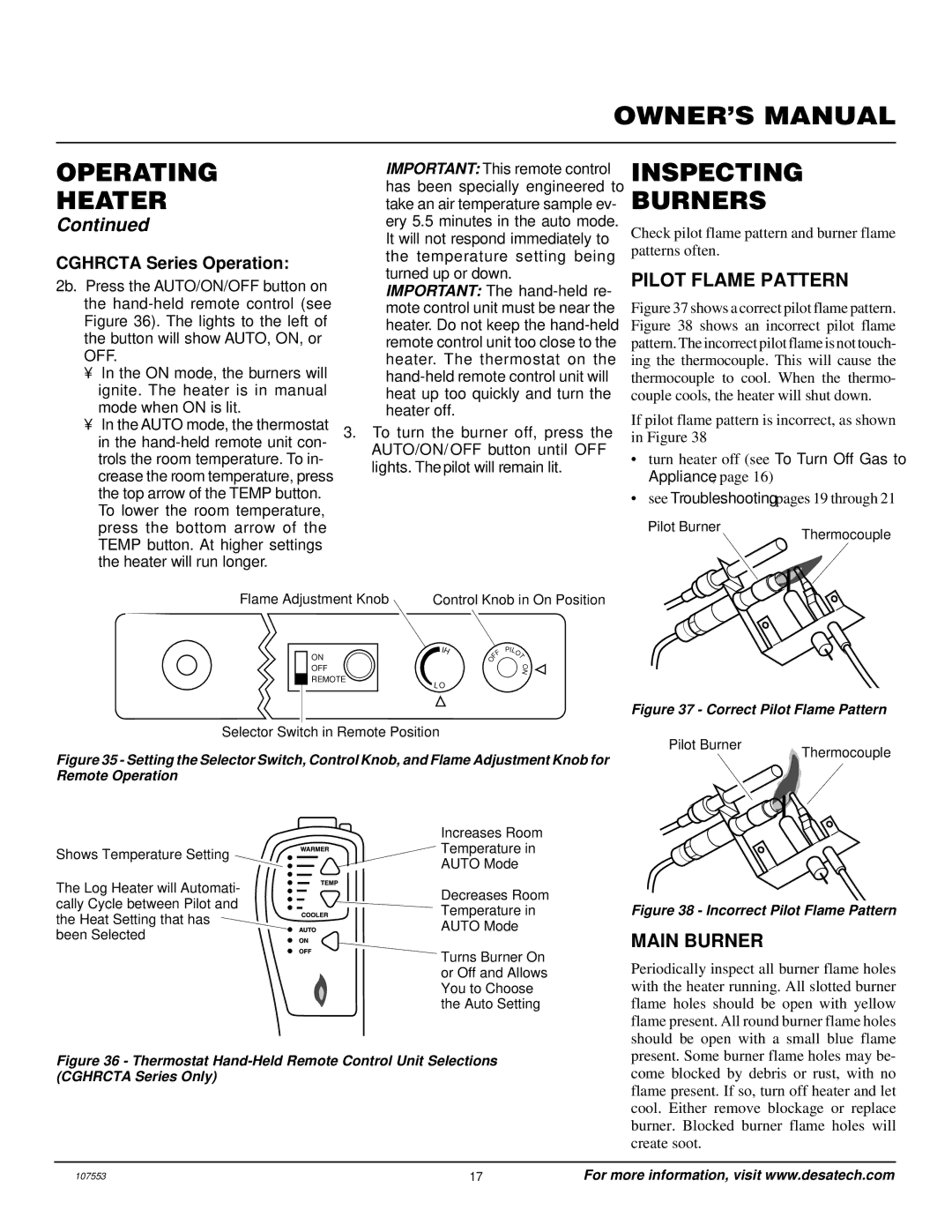 Desa CCL3924NR, CCL3930NR installation manual Inspecting Burners, Pilot Flame Pattern, Main Burner, Cghrcta Series Operation 