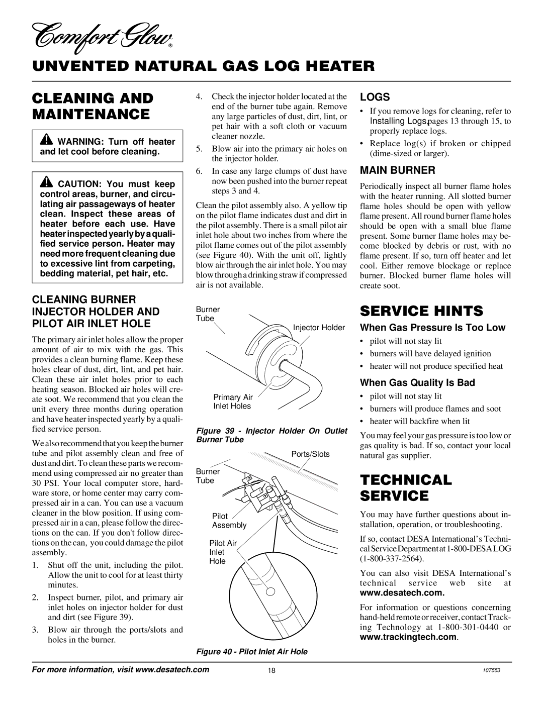 Desa CCL3930NR, CCL3924NR Unvented Natural GAS LOG Heater Cleaning and Maintenance, Service Hints, Technical Service, Logs 