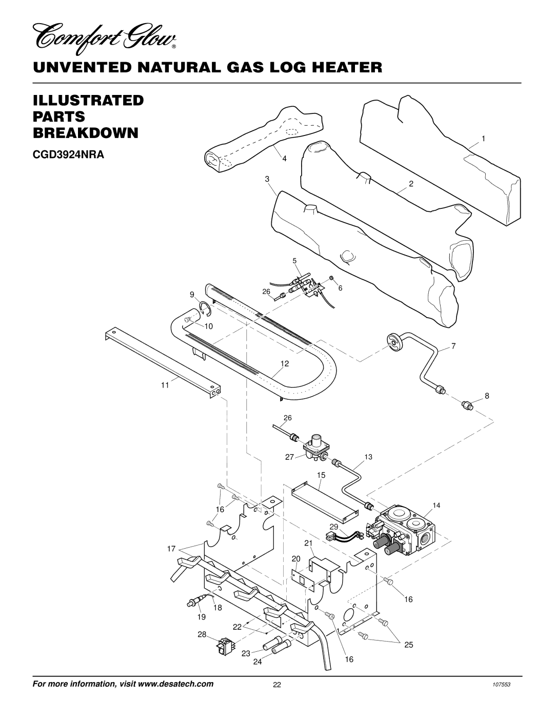 Desa CCL3930NR, CCL3924NR installation manual Unvented Natural GAS LOG Heater Illustrated Parts Breakdown, CGD3924NRA 