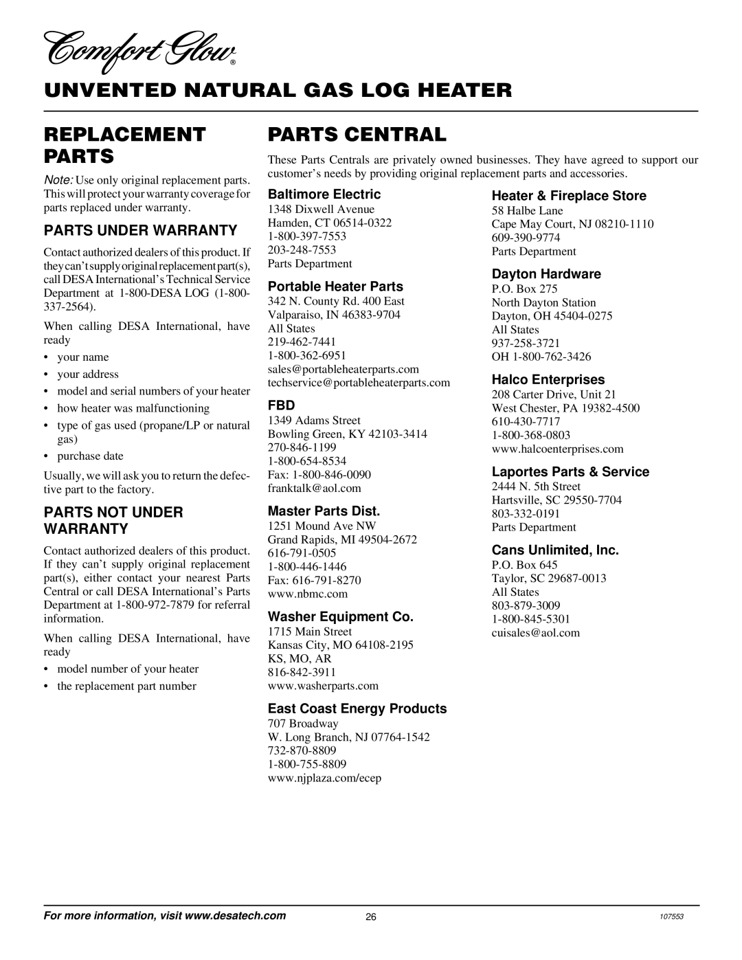 Desa CCL3930NR, CCL3924NR installation manual Parts Under Warranty, Parts not Under Warranty 