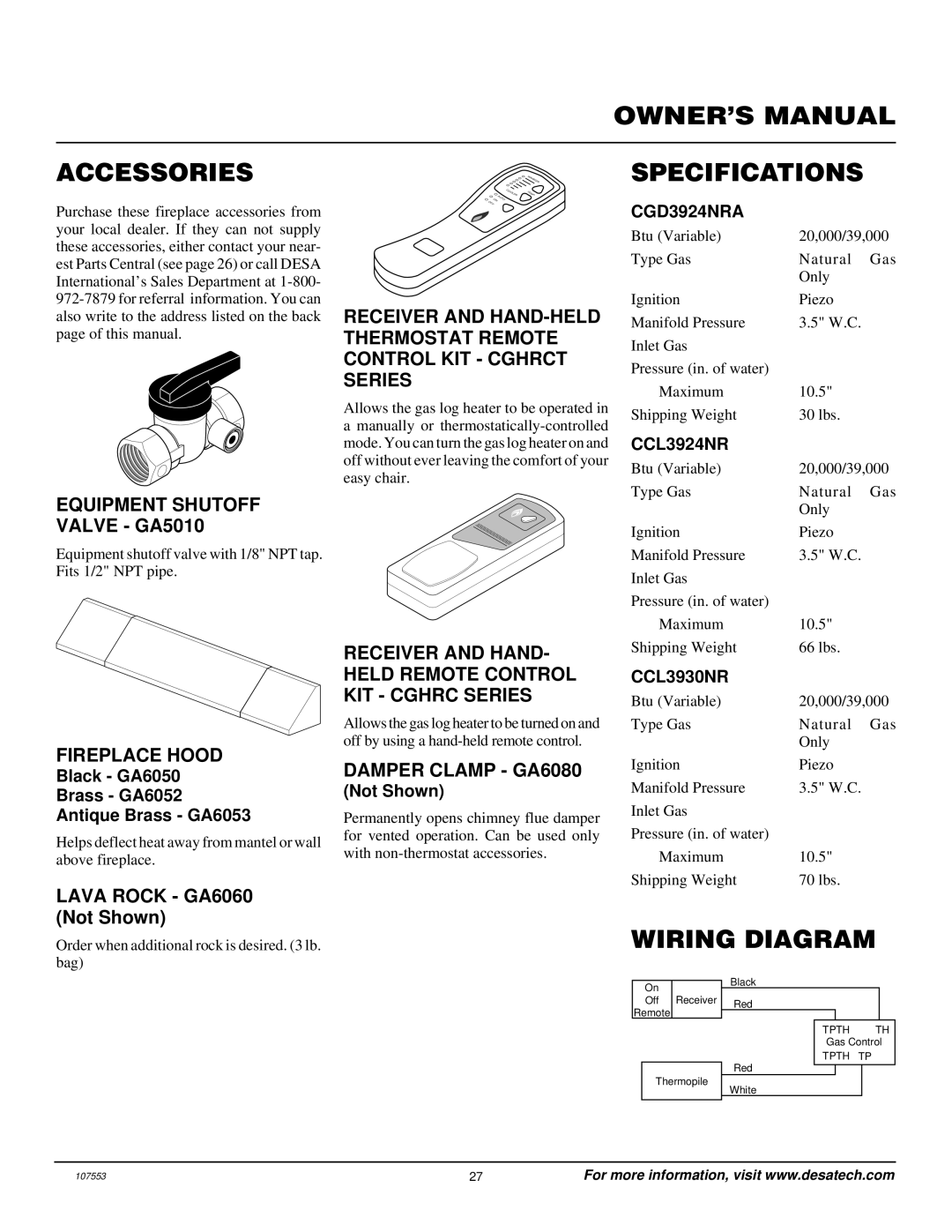 Desa CCL3924NR, CCL3930NR installation manual Accessories, Specifications, Wiring Diagram 