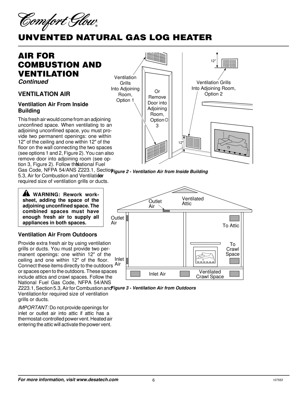 Desa CCL3930NR, CCL3924NR Ventilation AIR, Ventilation Air From Inside Building, Ventilation Air From Outdoors 