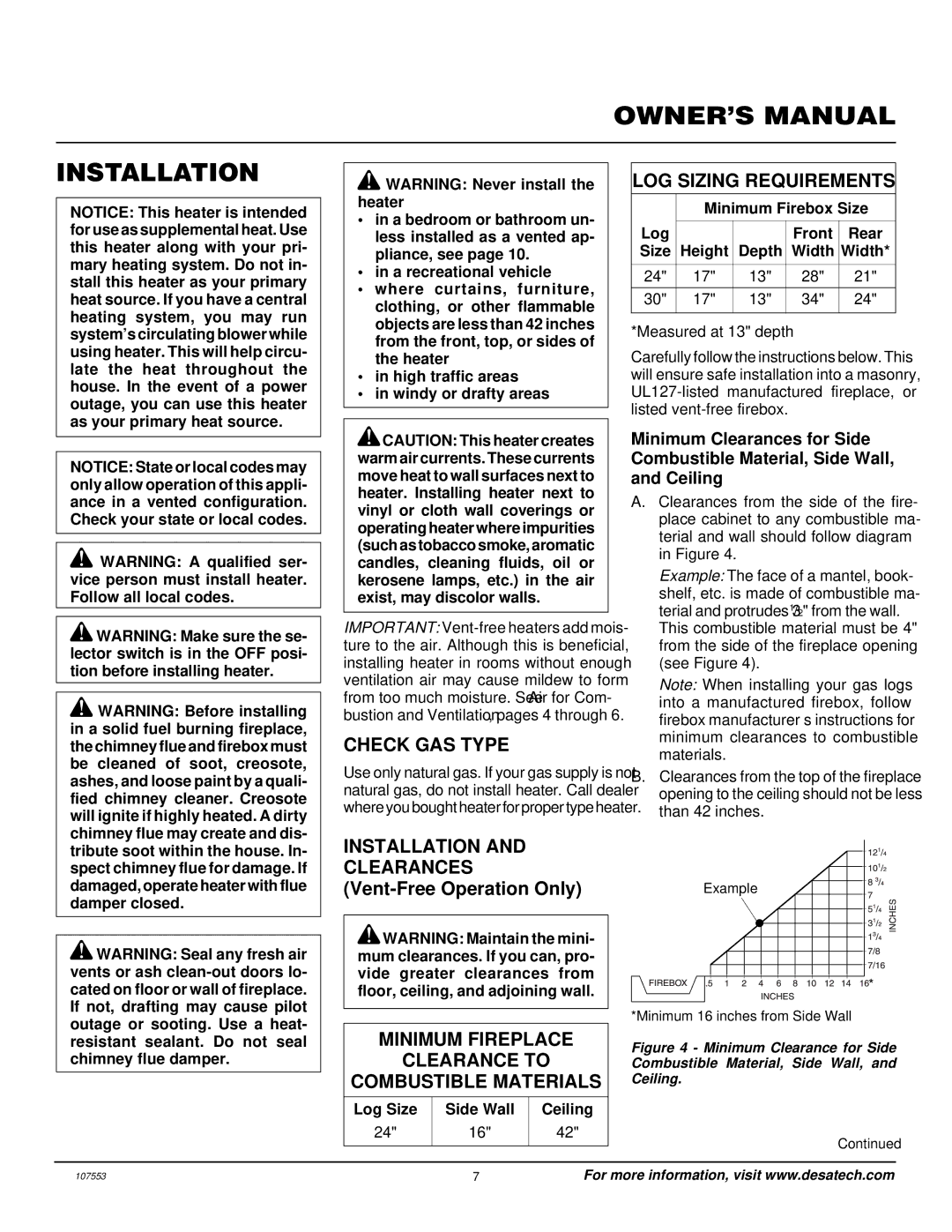 Desa CCL3924NR Installation, Check GAS Type, LOG Sizing Requirements, Minimum Fireplace Clearance to Combustible Materials 