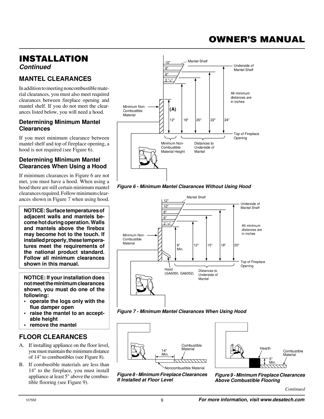 Desa CCL3924NR, CCL3930NR installation manual Floor Clearances, Determining Minimum Mantel Clearances 