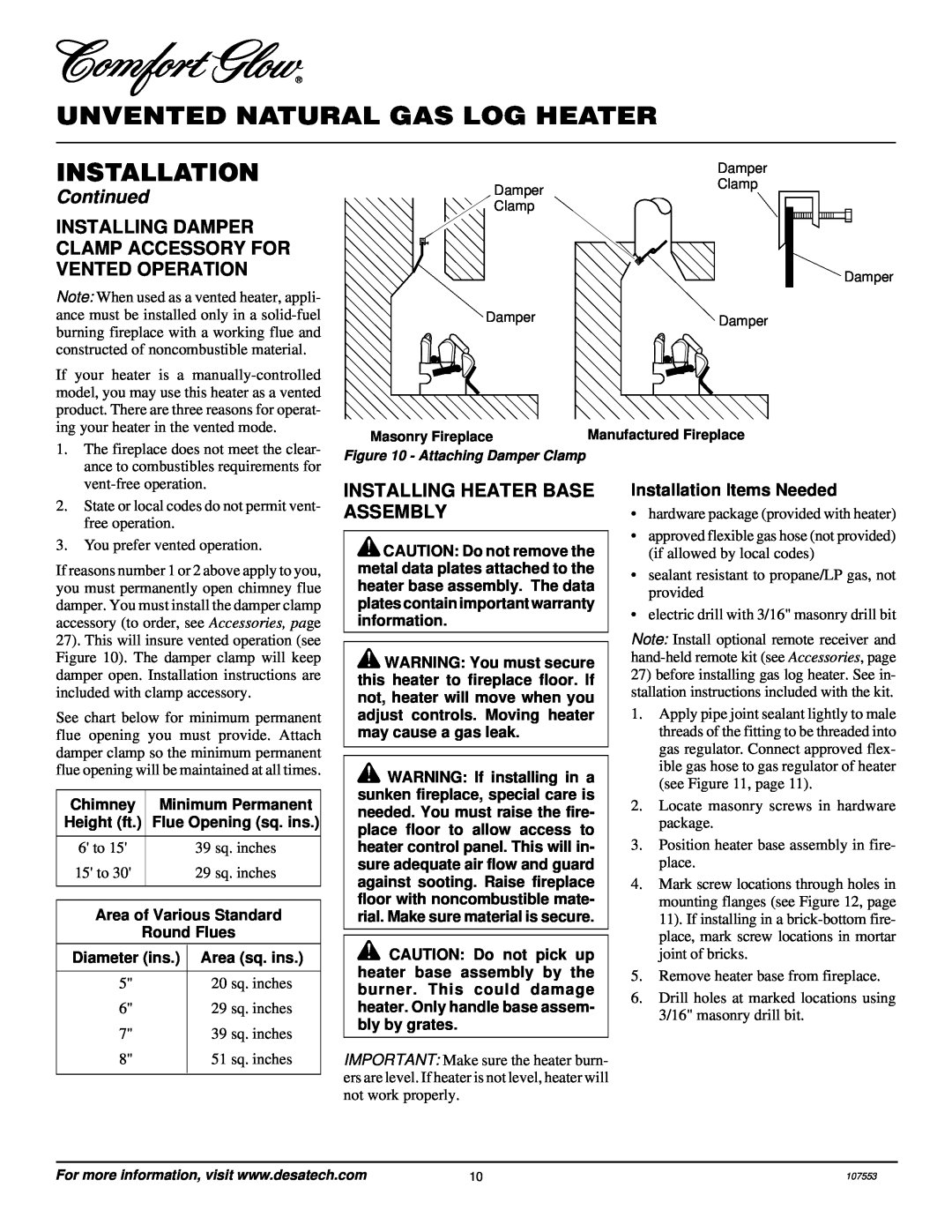 Desa CCL3930NR, CCL3924NR Installing Heater Base Assembly, Unvented Natural Gas Log Heater, Installation, Continued 