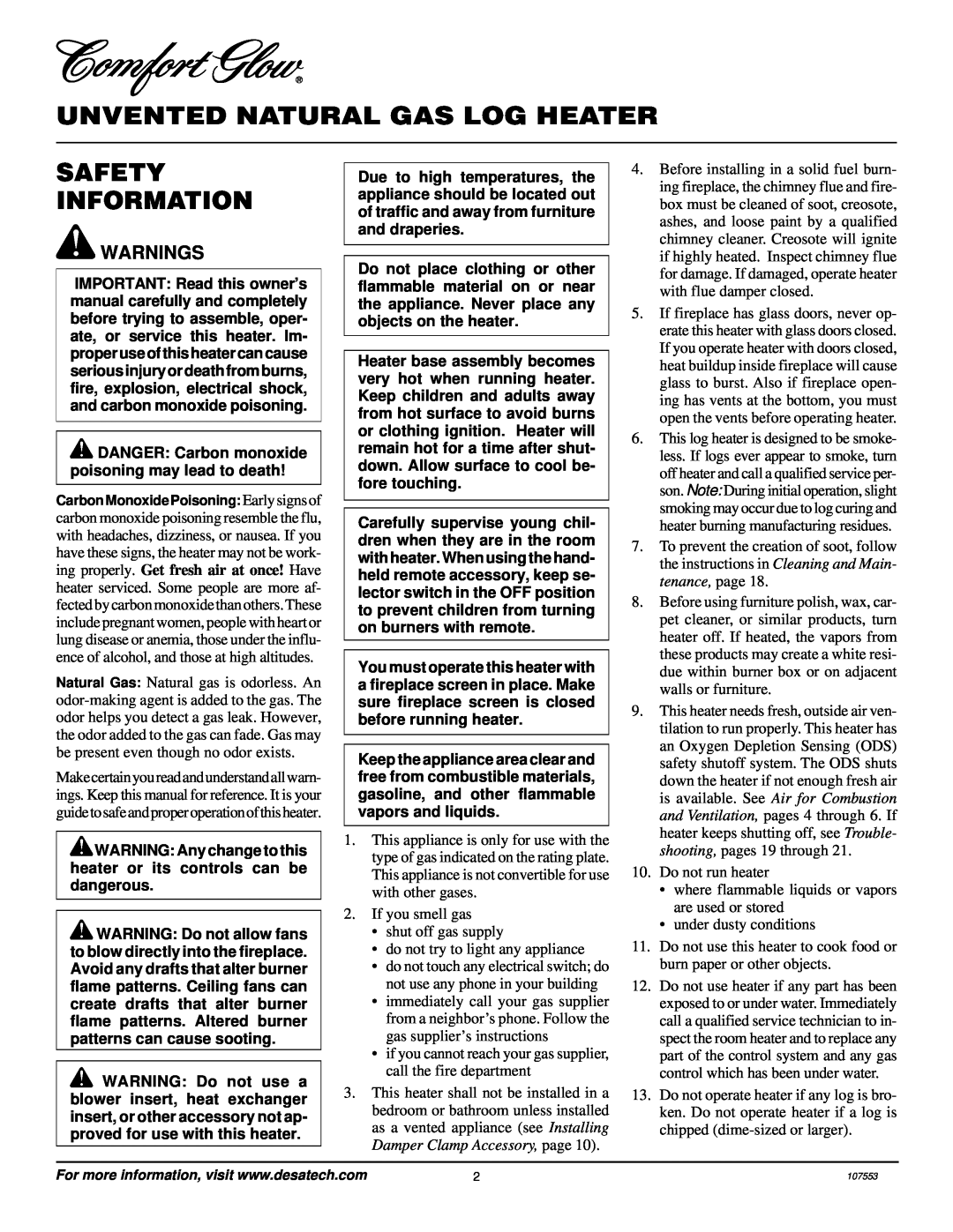 Desa CCL3930NR, CCL3924NR installation manual Unvented Natural Gas Log Heater, Safety Information, Warnings 