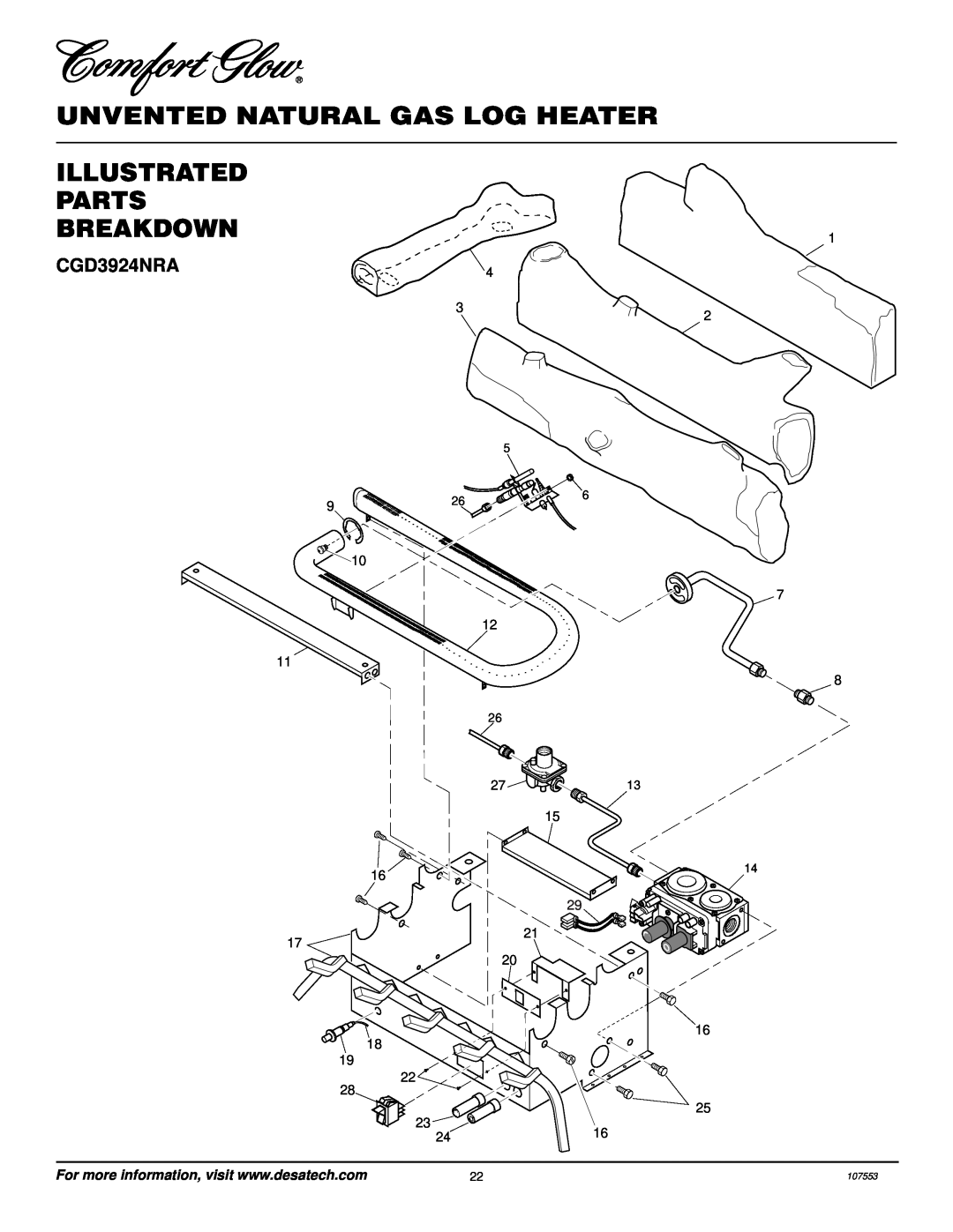 Desa CCL3930NR, CCL3924NR installation manual Illustrated Parts Breakdown, CGD3924NRA, Unvented Natural Gas Log Heater 