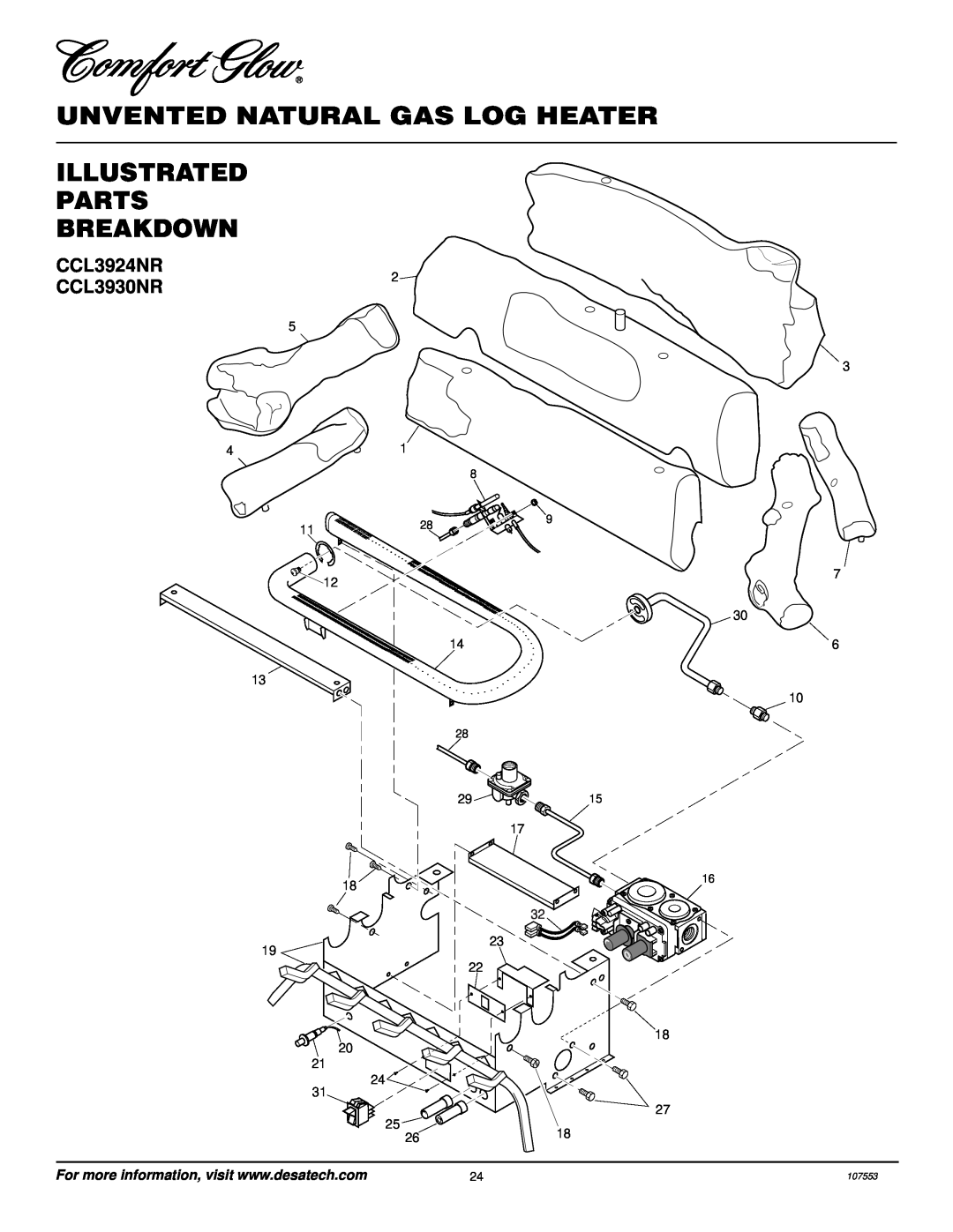 Desa installation manual CCL3924NR CCL3930NR, Unvented Natural Gas Log Heater, Illustrated Parts Breakdown, To P 