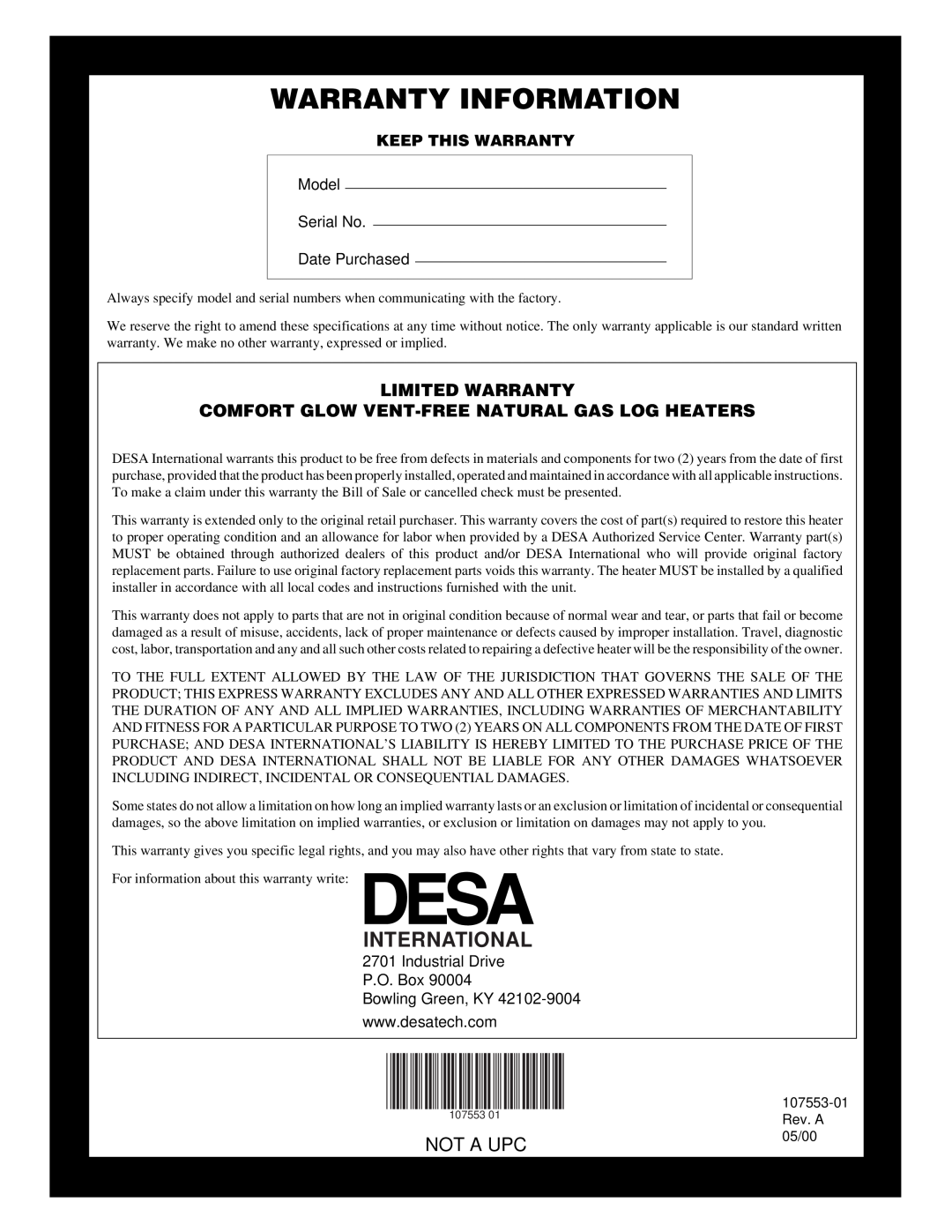 Desa CCL3930NR, CCL3924NR installation manual Warranty Information, International, Not A Upc 