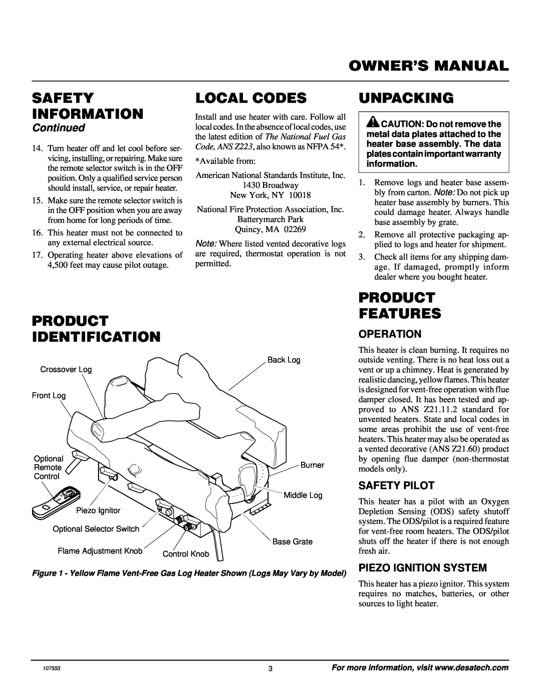 Desa CCL3924NR Local Codes, Unpacking, Product Identification, Product Features, Continued, Operation, Safety Pilot 