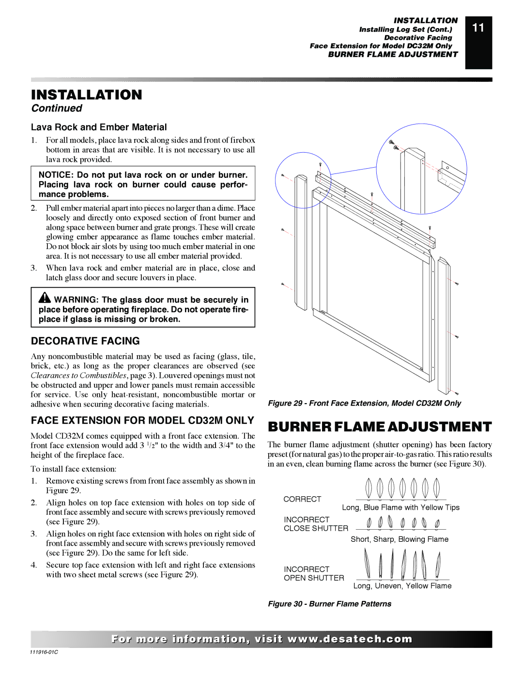 Desa CD32M (-1)(-2) installation manual Burner Flame Adjustment, Decorative Facing, Face Extension for Model CD32M only 