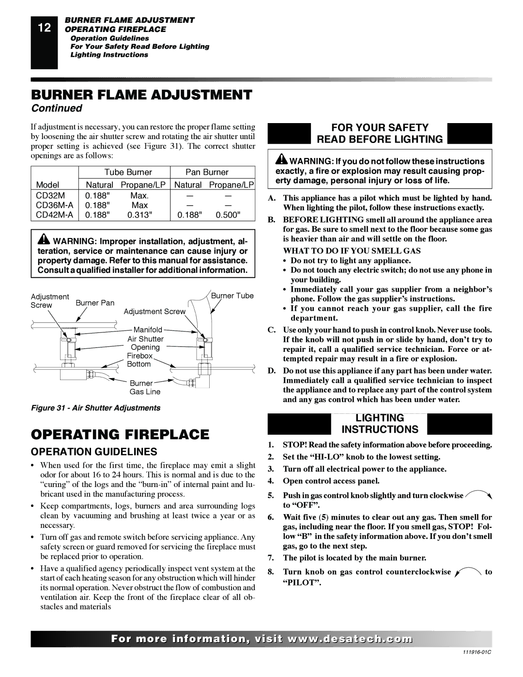 Desa CD32M (-1)(-2) Operating Fireplace, Operation Guidelines, For Your Safety Read Before Lighting, Lighting Instructions 