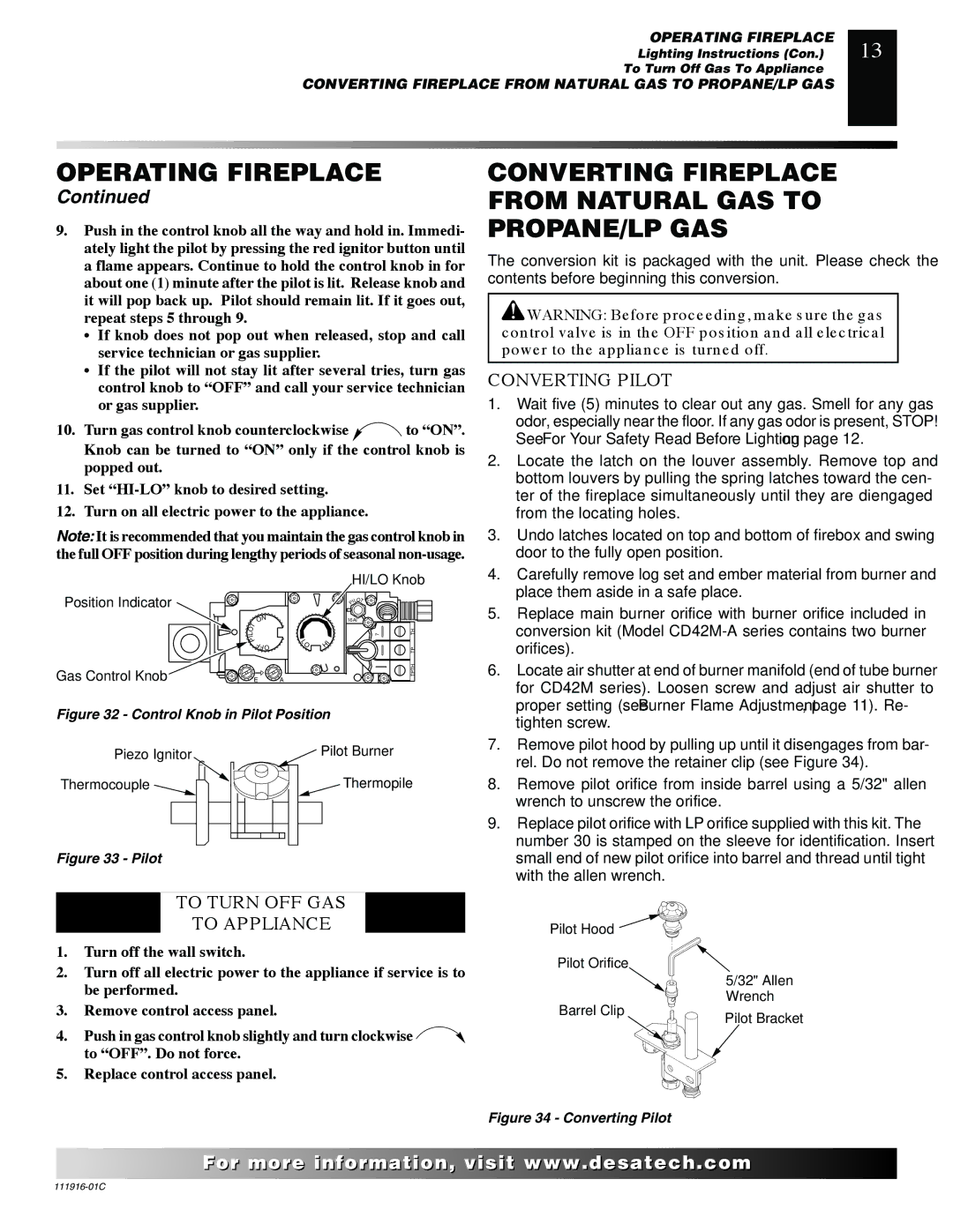 Desa CD32M (-1)(-2) installation manual Converting Fireplace from Natural GAS to PROPANE/LP GAS, Converting Pilot 