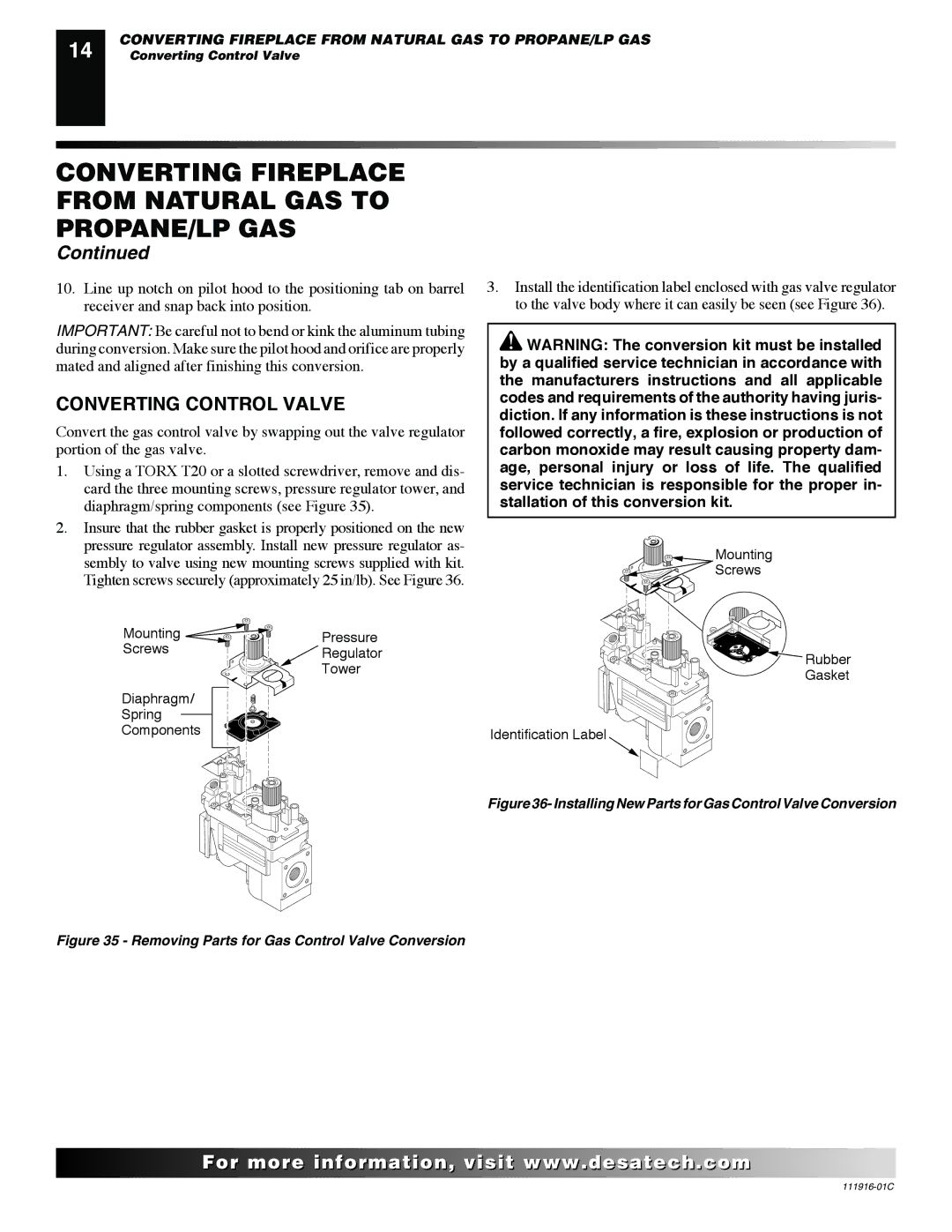 Desa CD32M (-1)(-2) installation manual Converting Control Valve, Installing New Parts for Gas Control Valve Conversion 