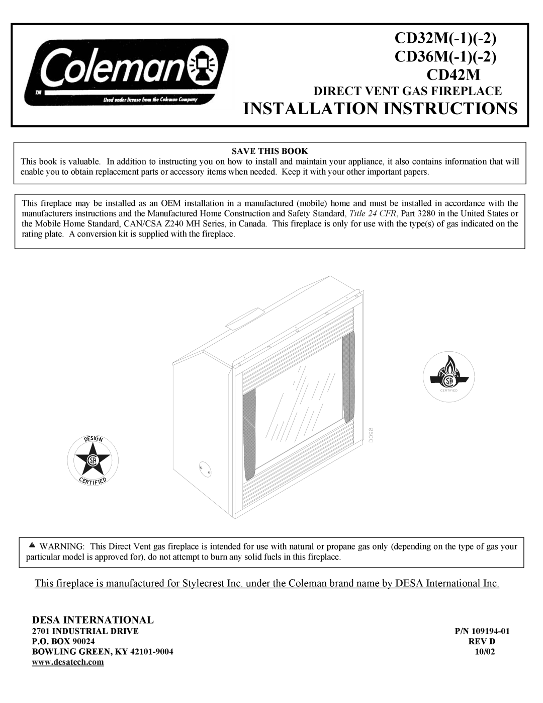 Desa CD42M, CD32M(-1)(-2) installation instructions Desa International, Save this Book, Industrial Drive, Rev D 