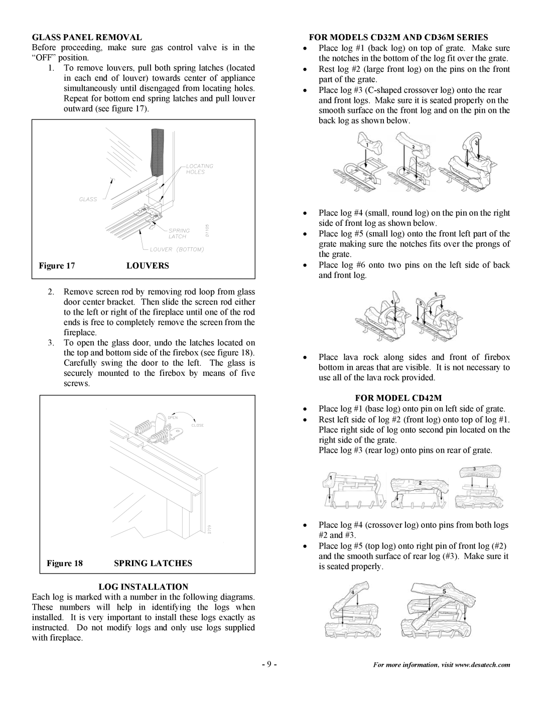 Desa CD32M(-1)(-2) Glass Panel Removal, Louvers, For Models CD32M and CD36M Series, For Model CD42M, LOG Installation 