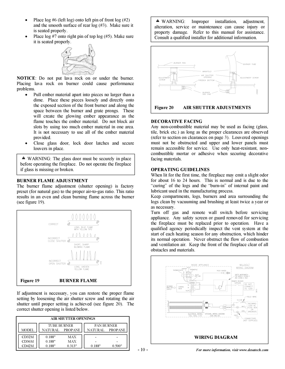 Desa CD36M(-1)(-2), CD32M(-1)(-2), CD42M Burner Flame Adjustment, Decorative Facing, Operating Guidelines, Wiring Diagram 