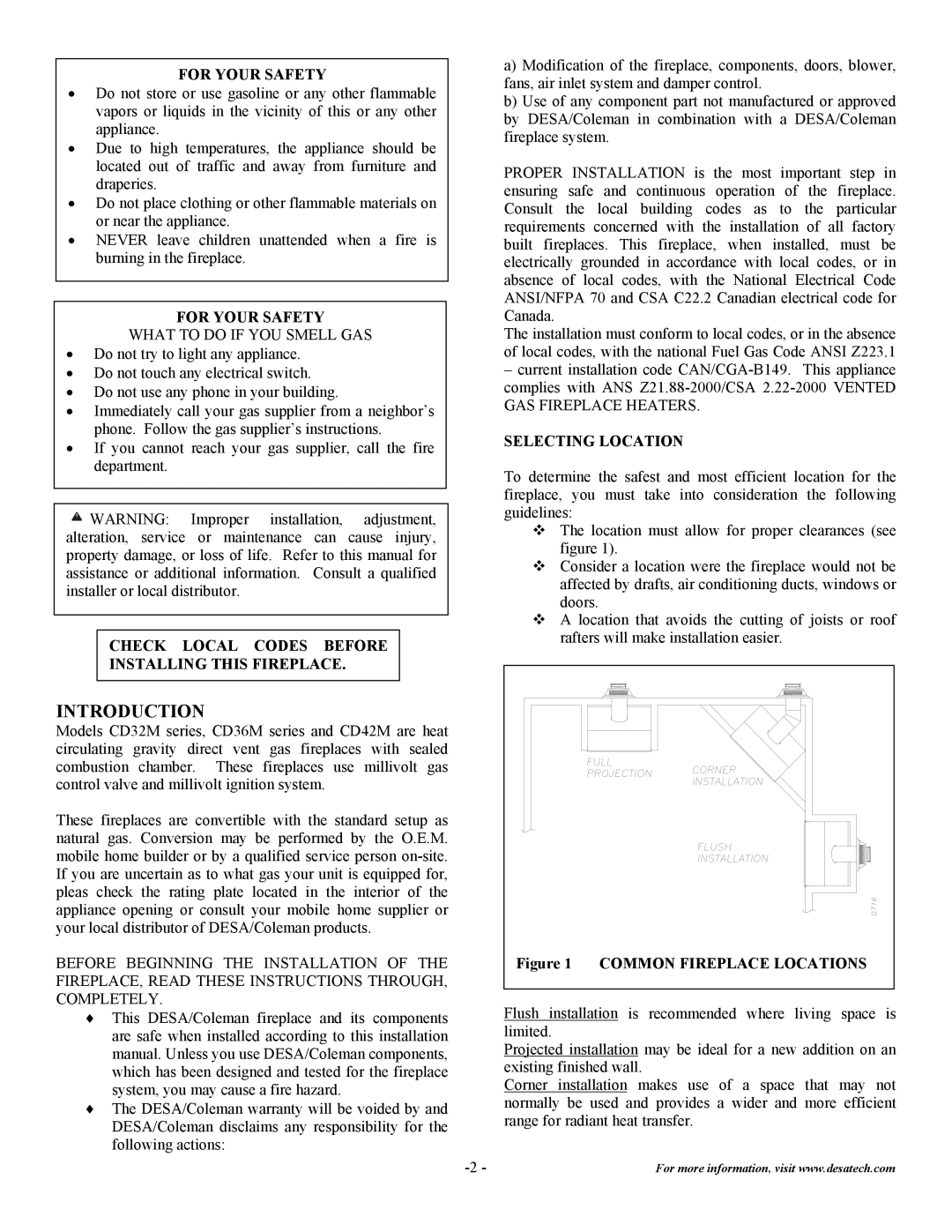 Desa CD32M(-1)(-2) Introduction, For Your Safety, Check Local Codes Before Installing this Fireplace, Selecting Location 